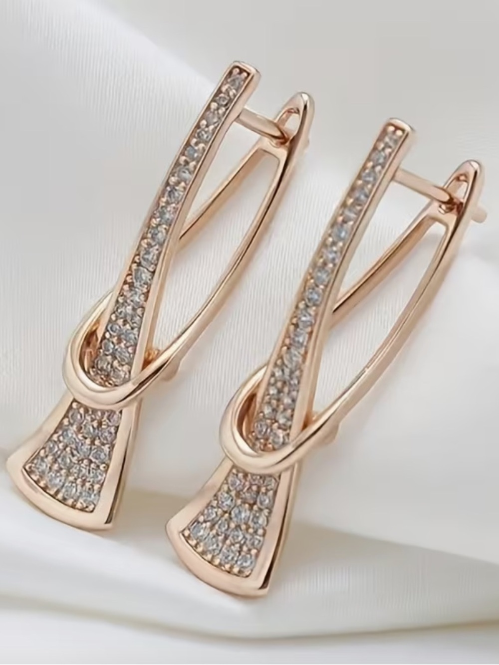 Rose Gold Pavé Drop Hoop Earrings with Clear Crystals.
